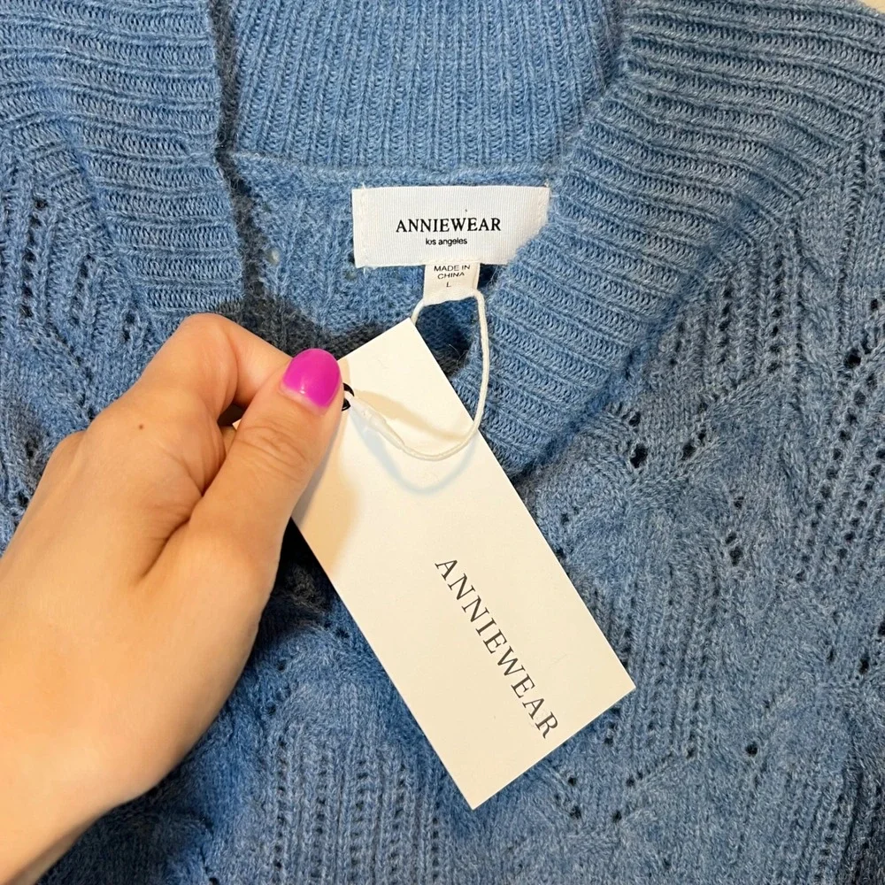 AnnieWear Los Angeles Blue Pointelle Knit Poncho Scalloped Side Tie Sweater L